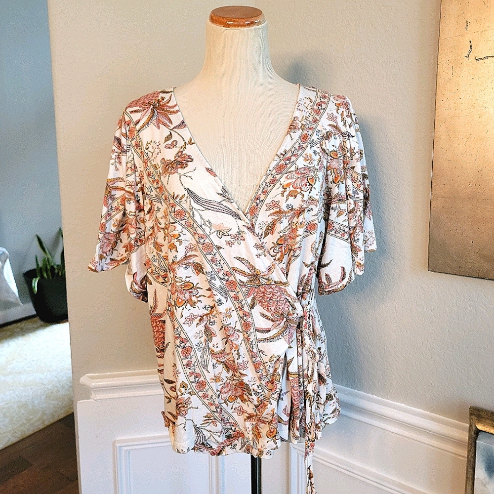 Lucky Brand Floral Wrap Blouse Size XL 14